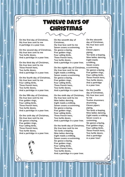 Printable Lyrics For 12 Days Of Christmas